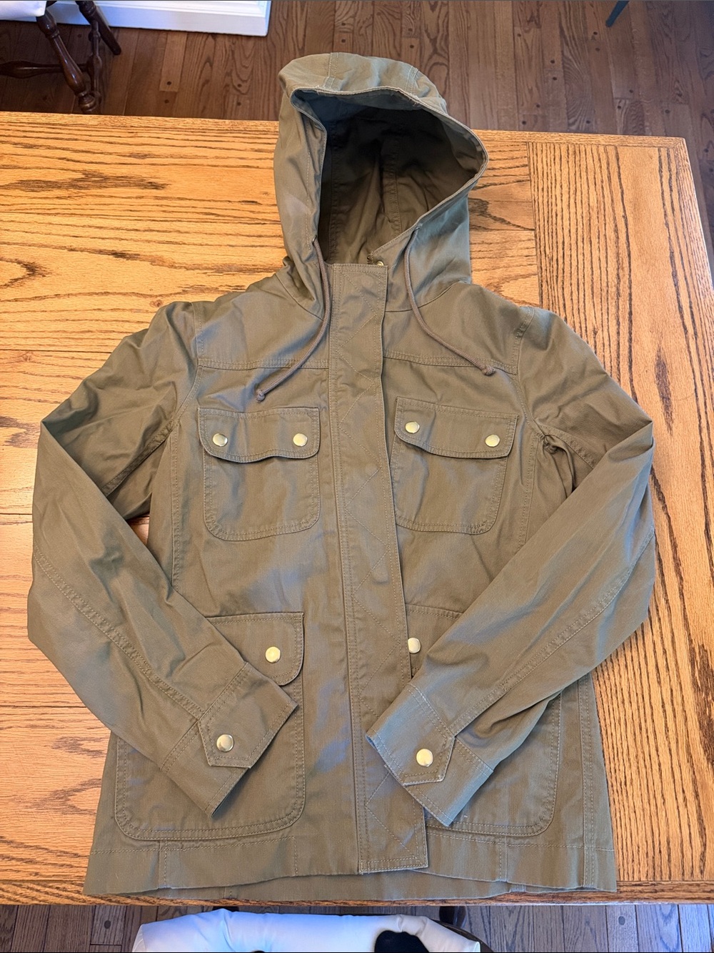 NWT - J. Crew Women’s size small Hooded Utility Jacket in Olive Green.